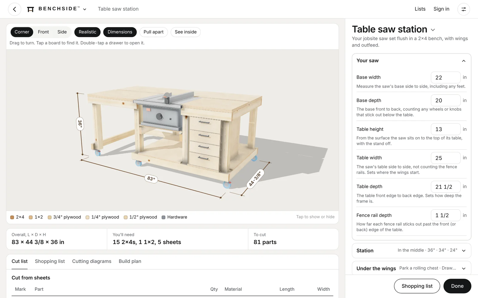 Benchside's table saw station page: the 3D station with your saw set flush in it, and the saw's measurements down the side.